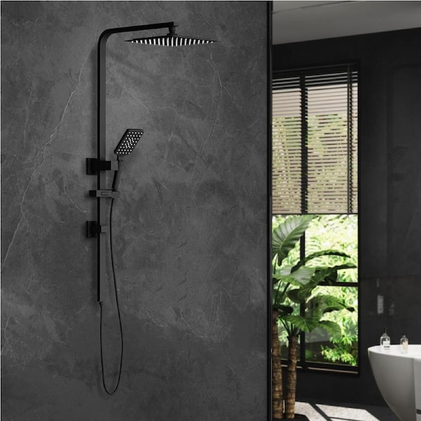 WELS 10" Rain Shower Head Set Square 3-Mode Handheld Shower Rail Set Black