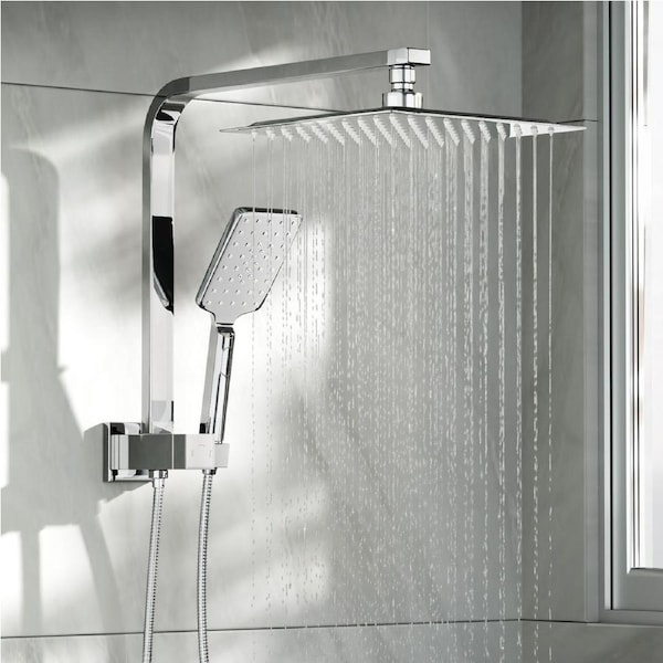 WELS 10" Rain Shower Head Set Square 3-Mode Handheld Shower Gooseneck Chrome