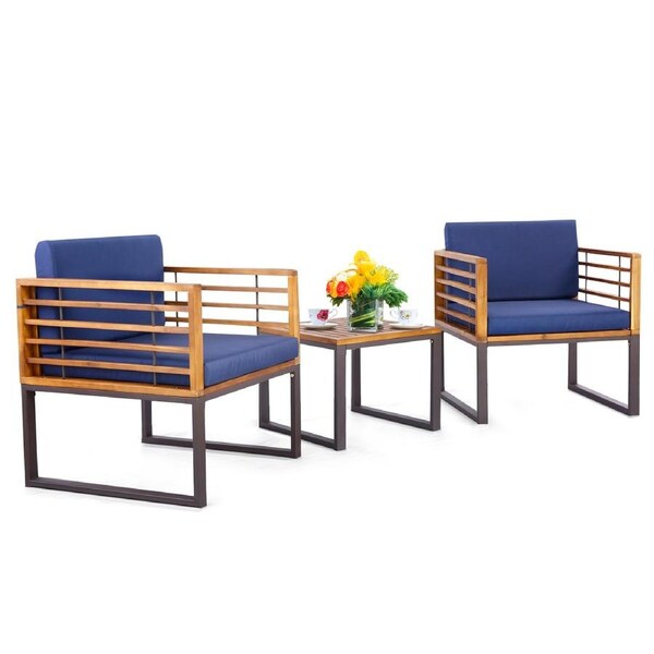 Costway 3Pcs Wood Patio Bistro Set Outdoor Conversation Setting Sofa & Coffee Table w/Removable Cushions Garden Yard