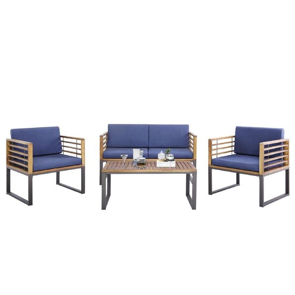 Costway 4Pcs Outdoor Sofa Lounge Setting Wood Patio Furniture Bistro Set Coffee Table & Chairs w/Cushion Garden Yard
