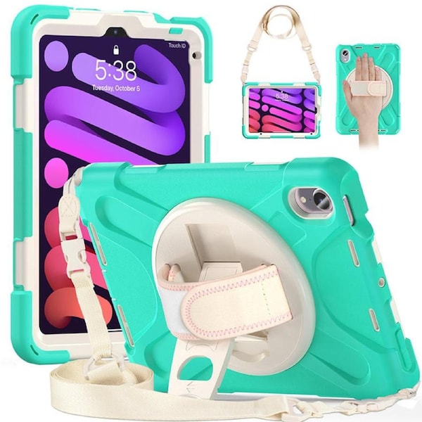 Catzon Onepiece iPad Mini 6 Case 8.3 Inch Shockproof Cover with Handle Strap Shoulder Strap-Mint Green