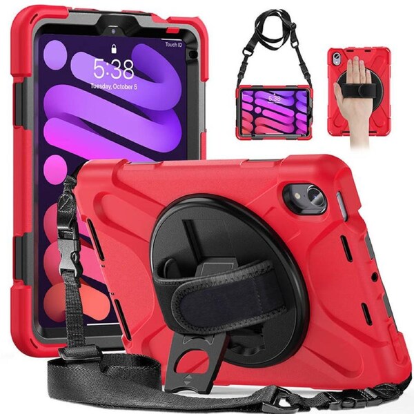 Catzon Onepiece iPad Mini 6 Case 8.3 Inch Shockproof Cover with Handle Strap Shoulder Strap-Red