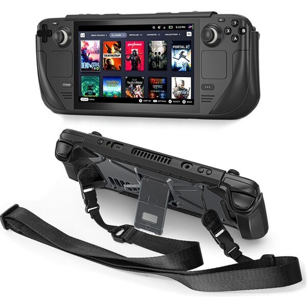 Catzon Protective Case for Steam Deck 2021/2022 TPU Cover with Stand Base Shoulder Strap-TransparentBlack