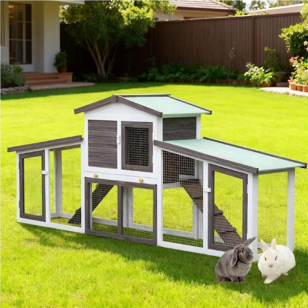 Advwin Rabbit Hutch 204*35*85cm Bunny House Chicken Coop Wooden Rabbit Cage 2 Level Large Run Cage Outdoor Pet House