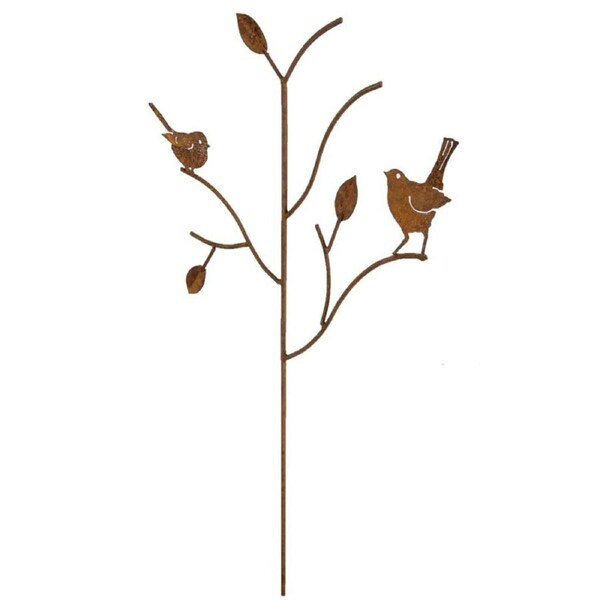 Garden Rust Metal 128cm Leaf & Bird Stake Outdoor Ornament Yard Patio Decor