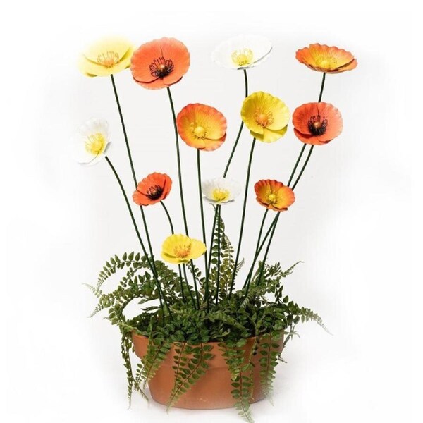 3pc Stake 49/75/90cm Metal Poppy Sunset Flower Outdoor Garden Ornament Decor