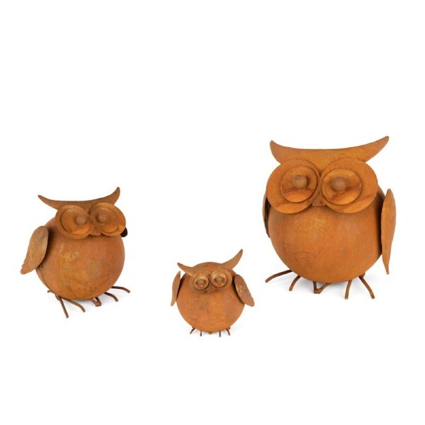 3pc Round Owl 7.5/11/16.5cm Rust Metal Outdoor Ornament Patio Garden Decor Set