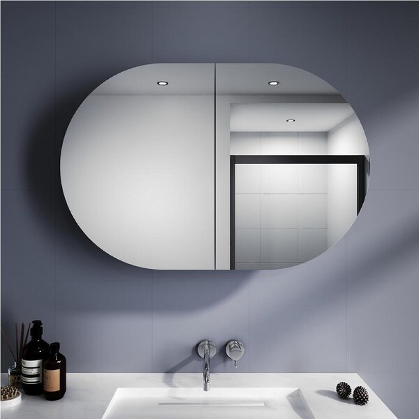 ELEGANT White Oval Bathroom Mirror Cabinet Vanity Wall Mirrored Cupboard Hung or In-wall 900x600mm