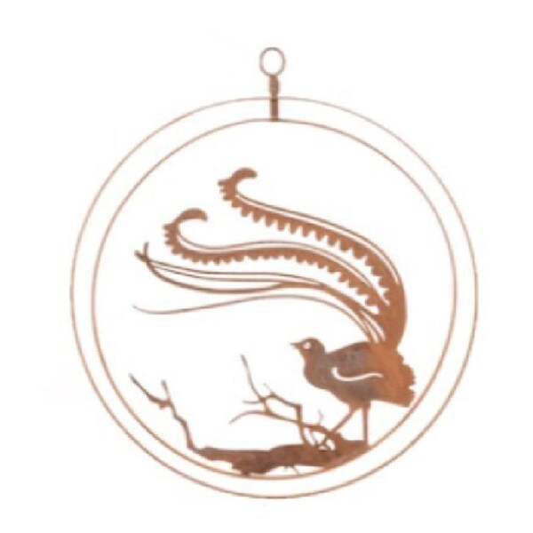 Double Ring 34cm Lyrebird Corten Steel Hanging Ornament Garden Decor Assorted