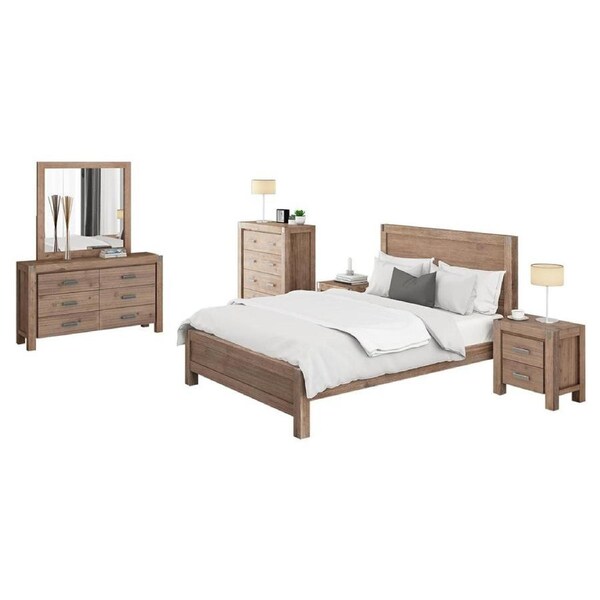 5 Pieces Bedroom Suite in Solid Wood Veneered Acacia Construction Timber Slat Double Size Oak Colour Bed, Bedside Table, Tallboy & Dresser
