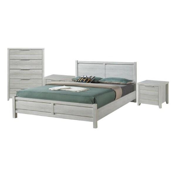4 Pieces Bedroom Suite Natural Wood Like MDF Structure Queen Size White Ash Colour Bed, Bedside Table & Tallboy