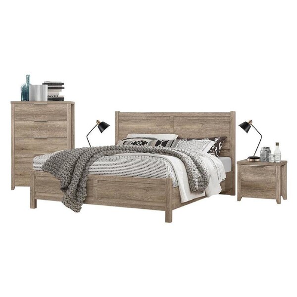 4 Pieces Bedroom Suite Natural Wood Like MDF Structure Queen Size Oak Colour Bed, Bedside Table & Tallboy