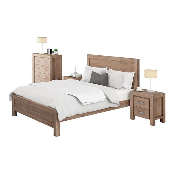 4 Pieces Bedroom Suite in Solid Wood Veneered Acacia Construction Timber Slat King Size Oak Colour Bed, Bedside Table & Tallboy
