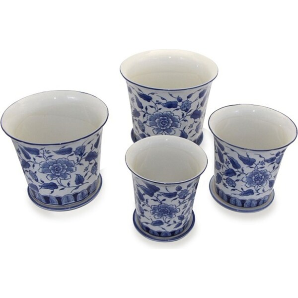 4pc Fluted Ceramic Pot Planter Container Storage w/ Saucer Garden Decor Blue