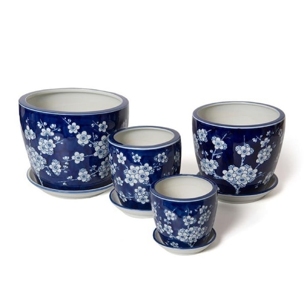 4pc Ceramic Tall Pot Planter w/ Saucer Plant Holder Garden Home Decor Dark Blue