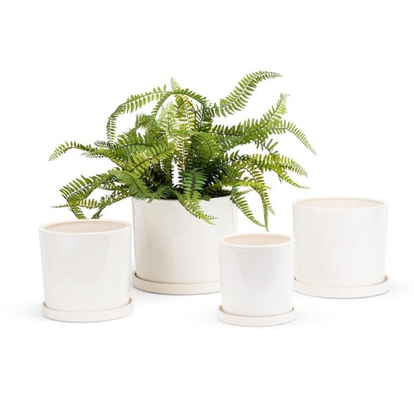 4pc Cylindrical Pot Planter Storage Container w/ Saucer Set Garden Decor White