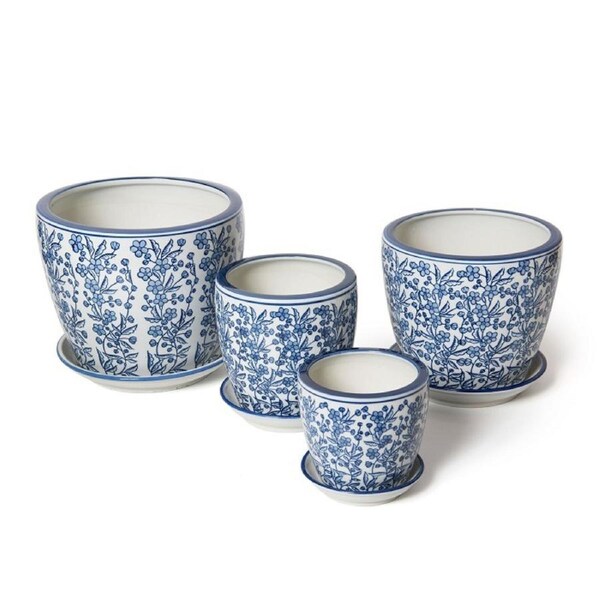 4pc Ceramic Tall Pot Planter w/ Saucer Plant Holder Garden Home Decor Light Blue