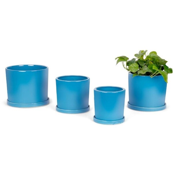 4pc Cylindrical Pot Planter Container w/ Saucer Set Garden Home Decor Warm Blue