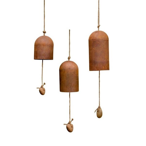 3pc Flat Bottom 12/16/20cm Bells Rust Metal Hanging Outdoor Garden Decor Brown
