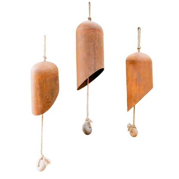 3pc Angled Bottom 20/25/30cm Bells Rust Metal Hanging Outdoor Garden Decor Brown