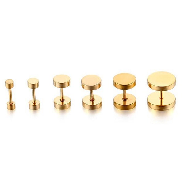 6pcs Flat Round Barbell Plug Stud Earrings 316 Surgical Steel Gold 3mm-12mm