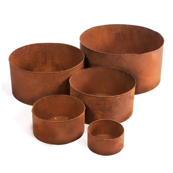 5pc Garden Metal Barrel Fire Wood Holder Container Set Rust Outdoor Yard Decor