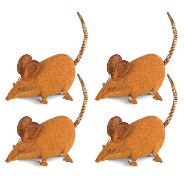 4x Garden Rust Metal 11cm Farmers Mice Ornament/Sculpture Outdoor Decor Small