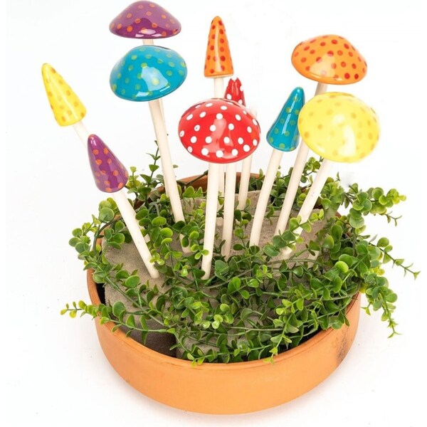3x Garden Ceramic Mushroom Coloured Sticks Outdoor Ornament Patio Decor Assort