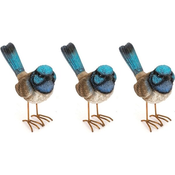 3x Garden 11.5cm Bird Fairy Wren w/ Feet Ornament/Sculpture Decor Large Blue