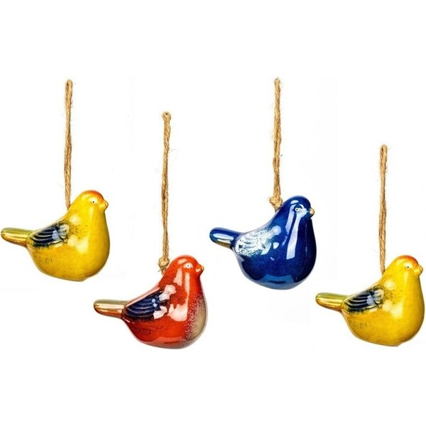4x Garden Hanging Jute 11cm Ceramic Bird Outdoor Ornament Yard/Patio Decor Asst