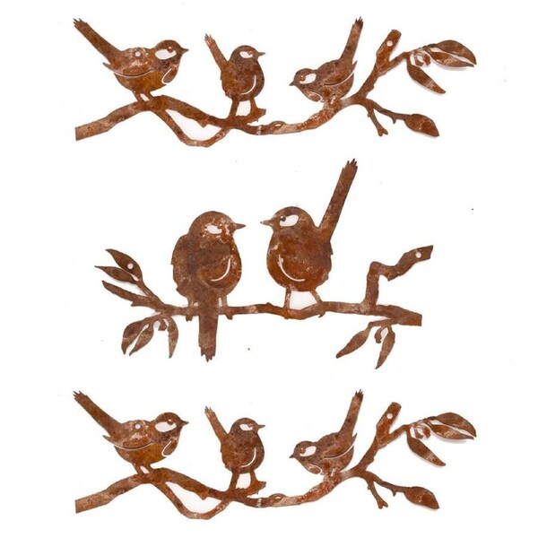 3x Garden Rust Metal 24cm Wrens on Branch Silhouette Hanging Ornament Decor Asst