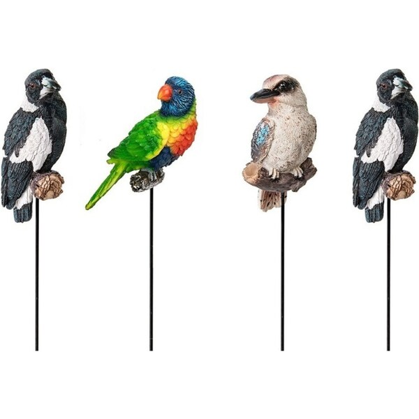 4x Garden Polyresin Aussie Bird on Stick 12cm Outdoor Ornament Patio Decor Asst
