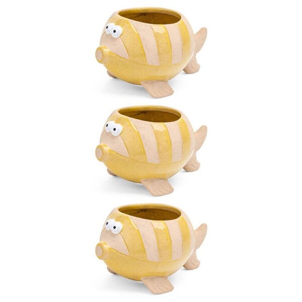 3x Fish Stoneware 14cm Pot Planter Garden Decor Plant Container Medium Yellow