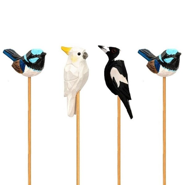 4x Birds Timber on Stick 40cm Garden Outdoor Ornament Yard/Patio Decor Brown
