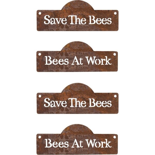 4x Sign Bees 20x8cm Rust Rectangle Hanging Wall Ornament Patio Garden Decor Asst