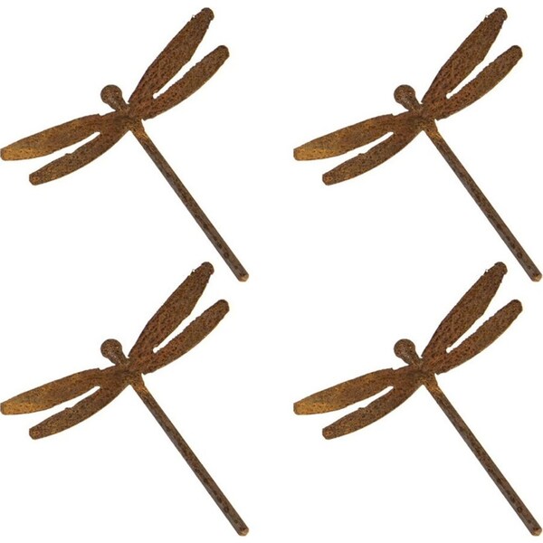 4x Garden Rust Metal 14cm Dragonfly Spike Large Outdoor Ornament Patio Decor