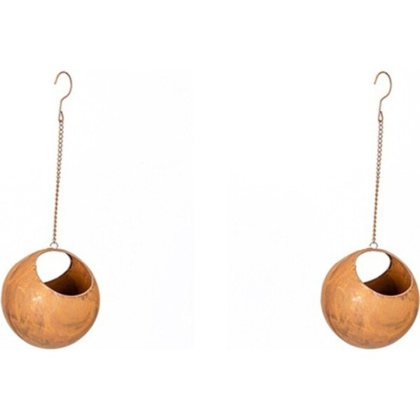 2x Hanging 16.5cm Ball w/ Hook Metal Rust Garden Ornament Planter Decor Medium