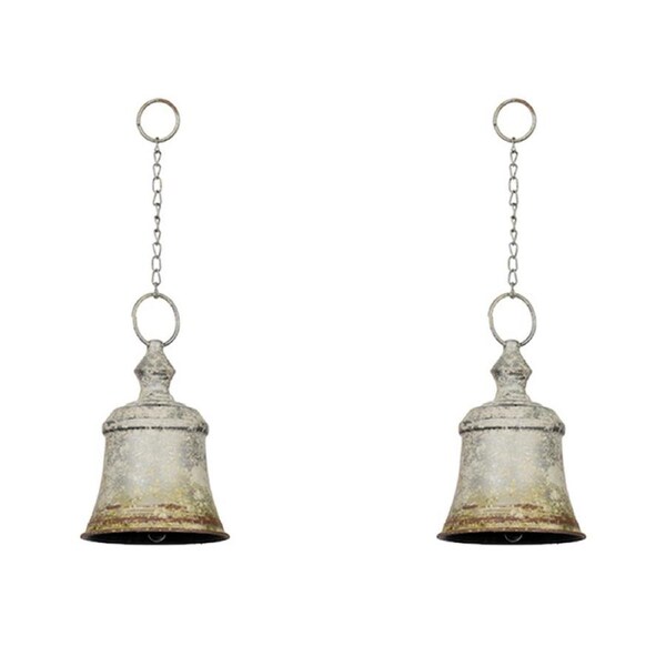 2x Moss Zinc Squat Bell w/ Jute Hanger 20.5cm Ornament Hanging Garden Home Decor