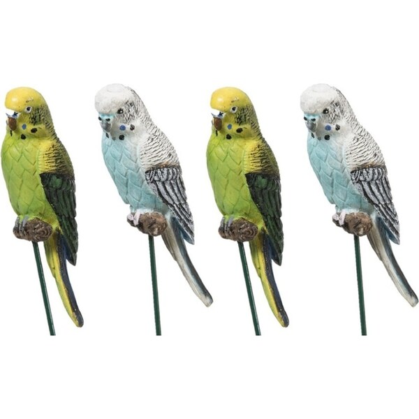 4x Garden 25cm Polyresin Budgie Bird on Stick Outdoor Ornament Patio Decor Asst