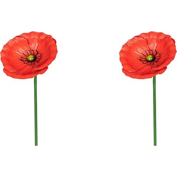 2x Garden 49cm Metal Stake Poppy Small Floral Ornament Outdoor Flower Decor Red