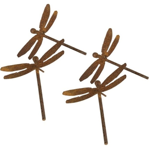 4x Garden Rust Metal 8x7cm Dragonfly Spike Outdoor Ornament Yard Patio Decor