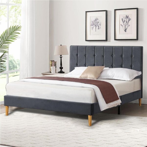 Levede Bed Frame with Velvet Headboard Grey Double/Queen Double