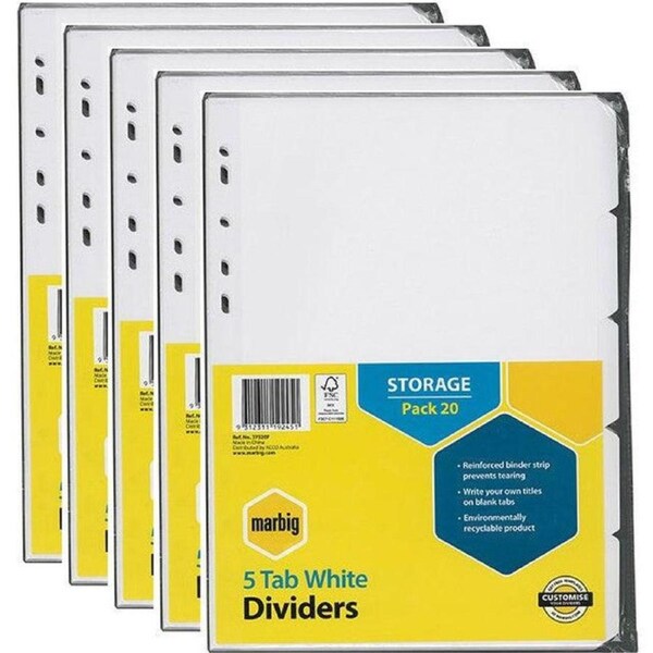 Marbig Divider Manilla 5-Tab A4 White Pack 100 Bulk