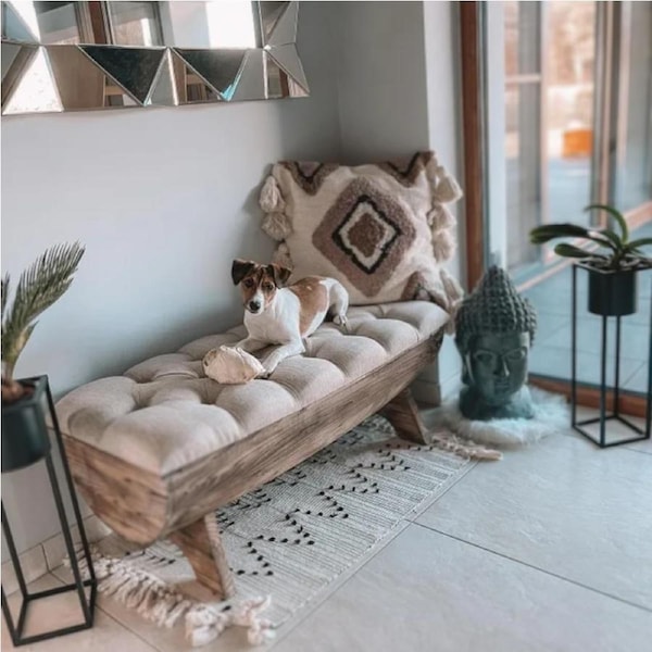 Wooden Storage Bench Ottoman With Padded Seat Farmhouse Style Entryway Bedroom