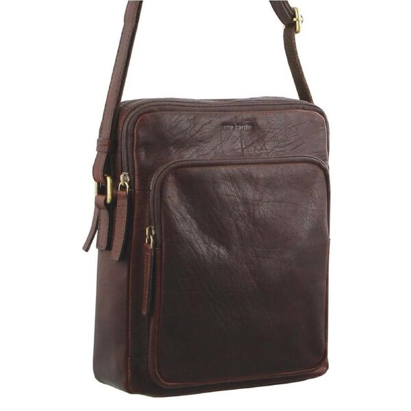 Pierre Cardin Italian Leather Tablet Bag Messenger Cross Body - Chestnut