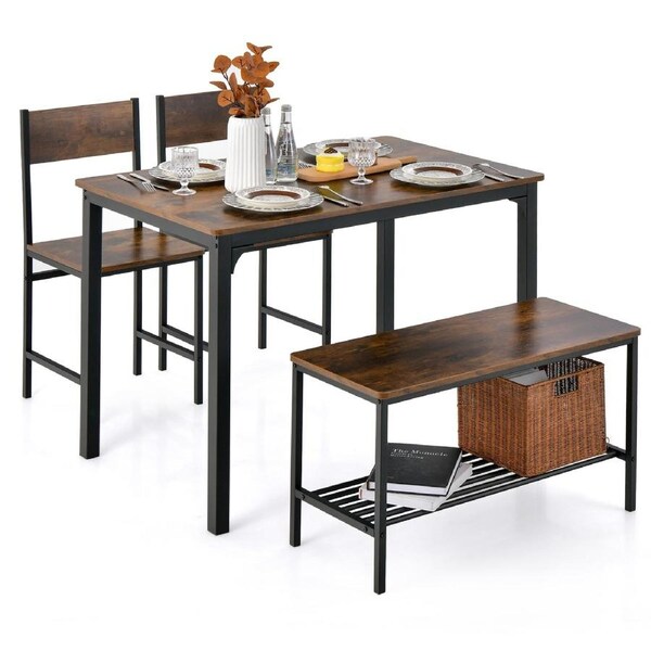 Giantex 4 PCS Industrial Dining Table & Chairs Set Dining Furniture Set Storage Shelf w/Bench & 2 Chairs