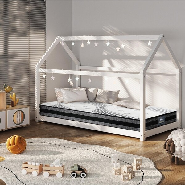 Oikiture Kids Bed Frame With Single Mattress Set House Style White