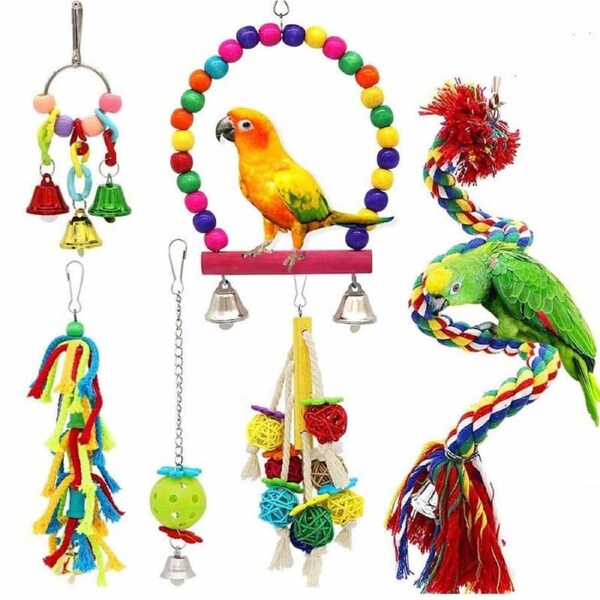 Catzon 6Pcs Bird Swing Toys Parrot Chew Natural Wood and Rope Bungee Toys