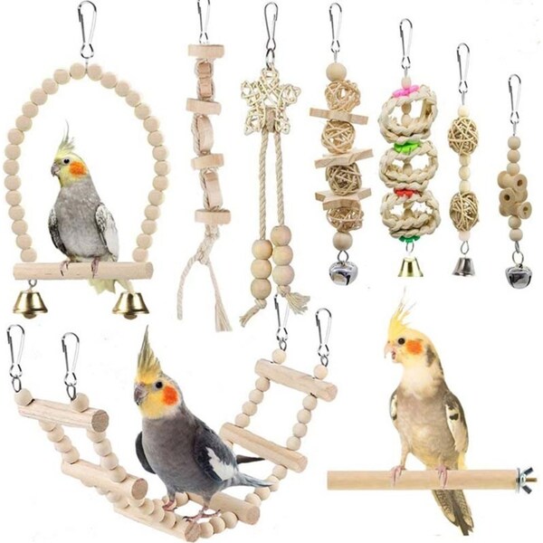 Catzon 9Pcs Parrot Swing Toys Standing Perch Hammock Bird Cage Toys