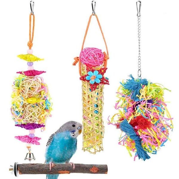 Catzon 4Pcs Bird Toy Colorful Chewing Shredder Wood Perch Stand for Parakeet Conure